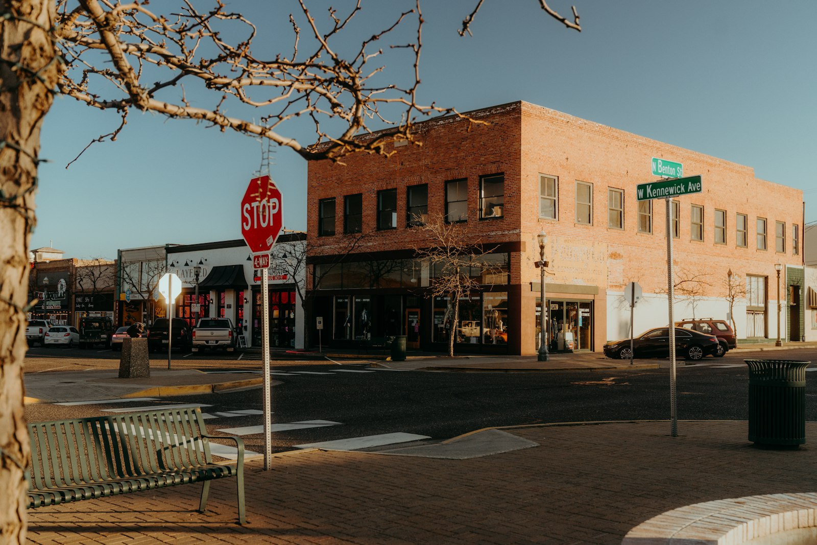 A small-town main street storefront on a corner